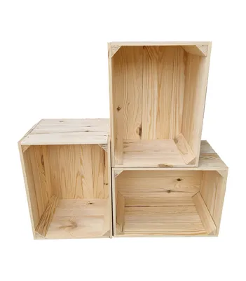 Three wooden crates are stacked and arranged against a white background.