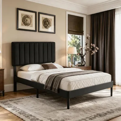 Produktbild von Polsterbett 90x200 cm, Bettgestell mit Höhenverstellbarem Kopfteil und Lattenrost, Stabiler Bettrahmen, Bis 300 kg, Gepolstertes Bett, Schwarz