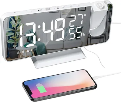 Produktbild von Wecker mit Projektion, mit großem 7" LED Anzeige, Zwei USB Anschlüsse, Temperatur und Luftfeuchtigkeit, 3 Helligkeitsstufen, 12/24H, 2 Weckzeiten