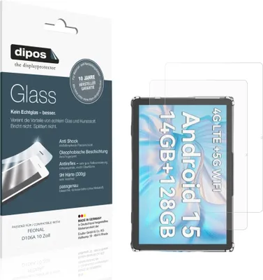 Produktbild von 2x Schutzfolie für FEONAL D106A 10 Zoll matt - Anti-Shock 9H Folie dipos Glass Kunststoffglas