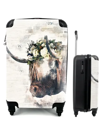Produktbild von MuchoWow® Koffer Handgepäck Trolley Rollkoffer Kleine Reisekoffer mit 4 Rollen - Scottish Highlander - Blumen - Zeitungsartikel - Cabin Size < 55x40x23 cm & 55x40x20 cm - Fotokoffer - Kabinenkoffer - Boardgepäck - Reise-Box - Reisekoffer - Reisegepäck - Koffer mit Bild - Trolley für Kinder