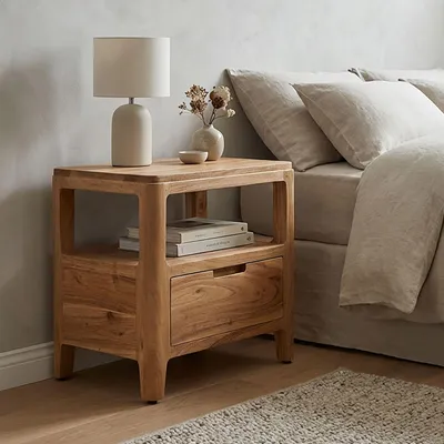 Immagine prodotto di FineBuy Comodino in legno massello di acacia con cassetto e ripiani Comodino compatto in legno Comodino moderno Comodino da camera da letto