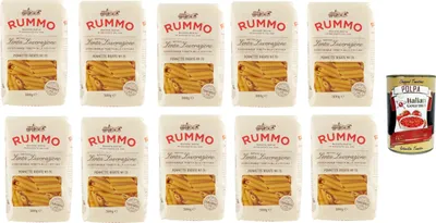 Produktbild von Rummo Pennette Rigate N° 70 Pasta Lenta Lavorazione Teigwaren aus Hartweizengrieß Bronze-Zeichnung 10x 500g + Italian Gourmet polpa 400g