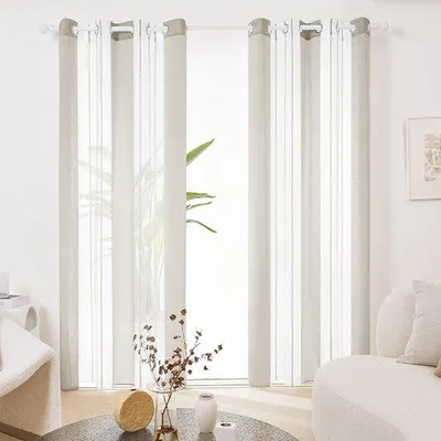 Produktbild von Unyqoos® Voile-Gardinen mit Ösen, 2er-Set 140×229 cm, transparentes 100% Polyester in Leinenoptik, hellbraun, punktbestickt