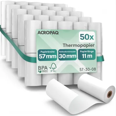 Produktbild von ACROPAQ - 50 x Thermopapier - 57 mm x 30 mm x 11,4 m, Premium, BPA-freies Thermo-papierrollen für Ec-Cash-Geräte, mobile Zahlungsterminals - Kassenrollen, Thermorollen 57 mm