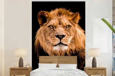 Produktbild von MuchoWow® Fototapete für Wohnzimmer oder Schlafzimmer Wandtapete Vinyl Motivtapete Löwen - Schwarz - Porträt - 225x350 cm - Schlafzimmer tapete