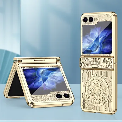 Two gold flip phone cases are displayed against a light blue and white background. One case is open, showing the phone screen, and the other is closed.