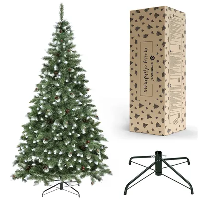 A Christmas tree, its packaging box, and a tree stand are displayed against a white background.