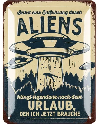 Produktbild von LANOLU Retro Blechschild Alien Urlaub, vintage Metallschilder mit Sprüchen, Shabby Chic Deko Küche und Garten, 15x20cm