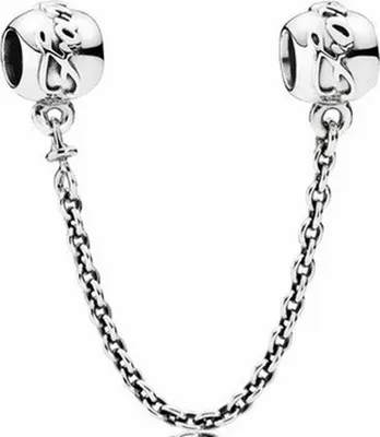 A silver Pandora safety chain with two charms, each featuring a heart design.