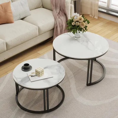 Immagine prodotto di FATIVO Tavolino rotondo Set di 2 tavolini in marmo, set di tavolini da salotto bianchi Tavolino da salotto Tavolino da soggiorno, tavolino da camera da letto Balcone, Bentley Bianco