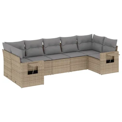 Produktbild von 7-tlg. Gartenmöbel-Set, Modulares Sofa aus beigem Poly Rattan, mit Stauraum, wasserabweisenden Beuteln und hellgrauen Kissen