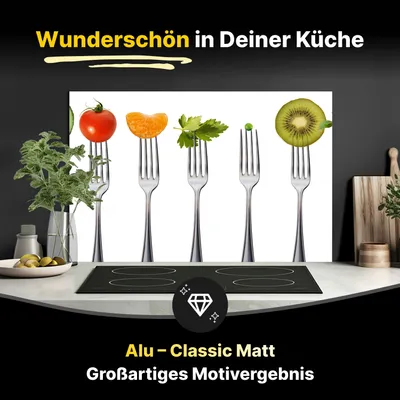 Produktbild von Spritzschutz Küchenrückwand aus Aluminiumverbund in Matt 60x40 cm - Obst & Gemüse auf Gabeln