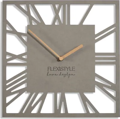 A modern square wall clock with Roman numerals and wooden hands, set against a white background.