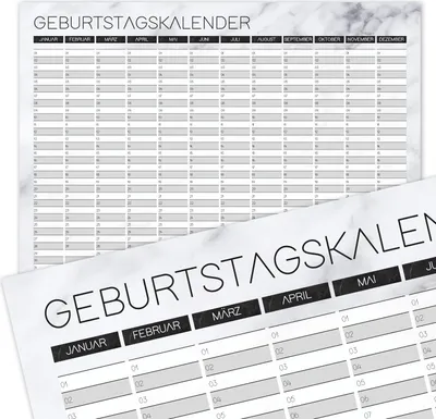 Produktbild von Geburtstagskalender mit Marmor-Optik I DIN A3 I jahresunabhängig I Dauerkalender neutral, modern, elegant I weiß grau schwarz I dv_492