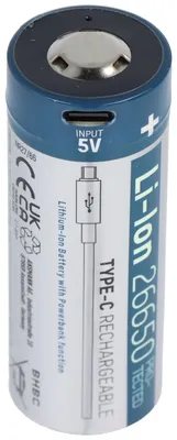 Immagine prodotto di Batteria ricaricabile Ansmann 26650 Li-Ion con presa di ricarica USB-C, 3,6 V 5100 mAh min. 4950 mAh, con circuito di protezione