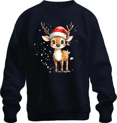 Produktbild von Weihnachtsrentier Aquarell Santa Hut Kinder Geschenk Niedlich Uni Sweatshirt Pullover, Navy, 3XL