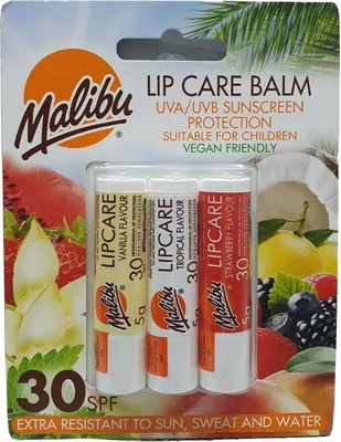 Obrázok produktu pre Malibu Zestaw balsamów do ust SPF30 Vanilla 4g + Tropical 4g + Strawberry 4g (PRODUKT Z NIEMIEC)