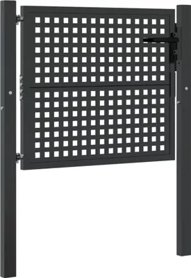 A dark gray metal garden gate with a grid pattern, mounted on two posts.