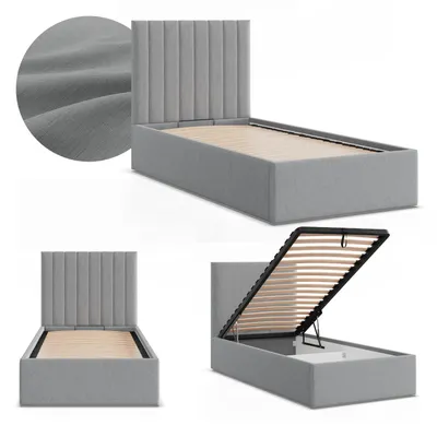 Produktbild von Polsterbett POLLA 90x200 mit Bettkasten und hochklappbarem Metall-Lattenrost, Einzelbett mit Kopfteil Grau Geflecht