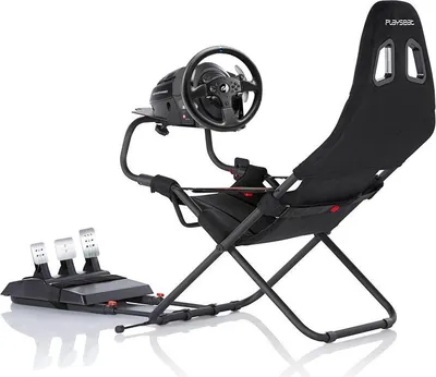 A racing wheel, pedals, and seat are shown against a white background.