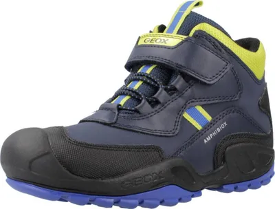 A single blue and yellow children's boot is shown against a white background.
