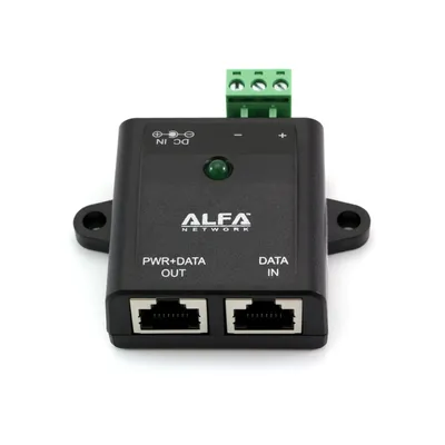 A black Alfa Network industrial PoE adapter is shown against a white background. It has two RJ45 ports labeled 'PWR+DATA OUT' and 'DATA IN', a green LED light, a DC IN port, and a three-pin terminal block for power input.