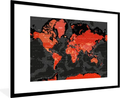Produktbild von MuchoWow® Gerahmtes Poster Weltkarte - Rot - Schwarz - Kind - Kind - Mädchen 90x60 cm - Poster mit Schwarzem Bilderrahmen Wandposter Rahmen Foto Bilder - Wanddekoration - Fotos