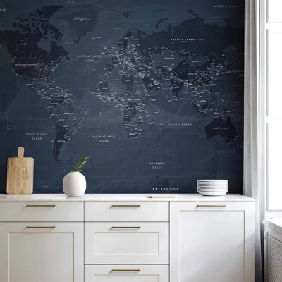 Produktbild von Vlies Fototapete - World map in blue - continents with inscriptions in English 450x315 cm Karten k-A-0123-a-a