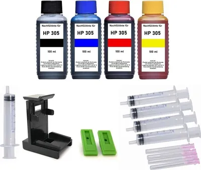 Produktbild von Druckerpatronen-Nachfüllset für HP 305 (XL) black + color Tintenpatronen - 4 x 100 ml Nachfülltinte black, cyan, magenta, yellow + Zubehör für     HP Deskjet 2320, 2710,  2720,  2721,  2722,  2723,  2724, 2732, 2752, 2755, HP Deskjet Plus 4100, 4110,  4120,  4121, 4122,  4130,  4132, 4140, 4152, 4155, 4158, Envy 6010,  6012, 6015, 6020,  6022,  6030,  6032,  6055,    HP Envy Pro 6420,  6422, 6430,  6432,  6452, 6454, 6455, 6458, 6475