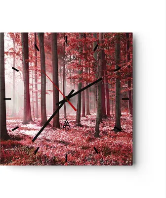 Produktbild von Wanduhr - Quadrat - Glasuhr - Wald Rot Bäume - 30x30cm - Schleichendes Uhrwerk - Lautlos - zum Aufhängen bereit - Dekoration Modern - Wanddekoration aus Glas - C3AC30x30-4944