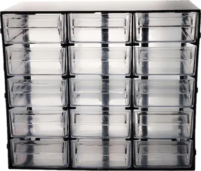 A black organizer with multiple clear drawers, designed for storing small items.