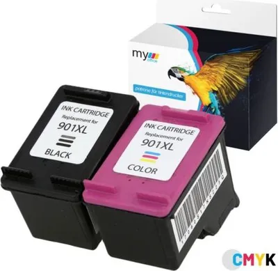 Two ink cartridges and a product box are displayed against a white background.