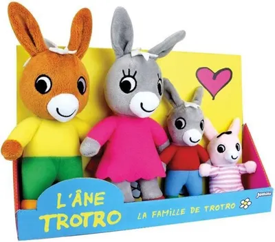 A set of plush toys in their packaging, with a yellow background featuring a pink heart.