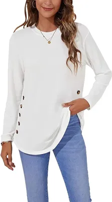 Produktbild von ASKSA Damen Langarmshirt Rundhals Knöpfe Langarm Einfarbig Lose Tunika Langarmbluse Lässig Oberteile, Weiß, XL