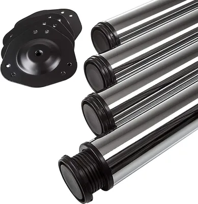 A set of four polished chrome table legs and four black mounting plates are arranged on a white background.
