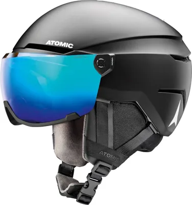 A black ski helmet with a blue visor.