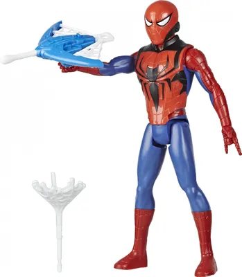 A Spiderman action figure with accessories, posed against a white background.