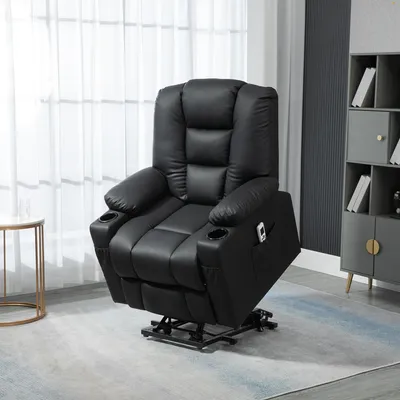Image de Fauteuil de massage avec aide au lever et port USB, fauteuil de relaxation électrique en similicuir, fauteuil TV noir | Inclinable à 150° | 8 moteurs de vibration | jusqu'à 150 kg