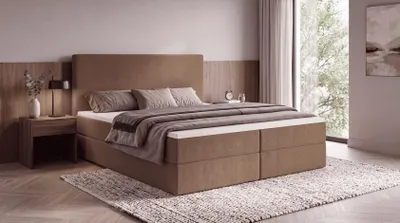Produktbild von Boxspringbett SENTO 180x200 cm mit Bettkasten, Bonell-Matratze H3 und Topper – Bouclé Braun