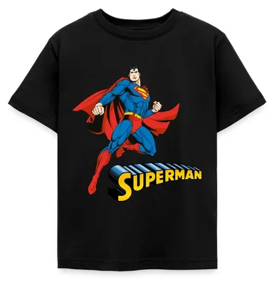 Produktbild von Spreadshirt DC Comics Superman Pose + Schriftzug Kinder T-Shirt, 110/116 (5-6 Jahre), Schwarz