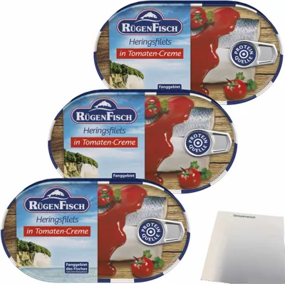 Produktbild von Rügenfisch Heringsfilet in Tomaten Creme 3er Pack (3x200g Dose) + usy Block
