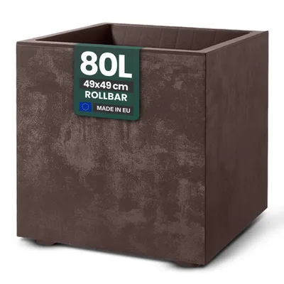 Produktbild von Kreher® XL Pflanzkasten „Millennium“ 49x49x49 cm - 80L Volumen - Braun - Rollbar - Wetterfester Pflanzkübel für Garten, Balkon & Terrasse