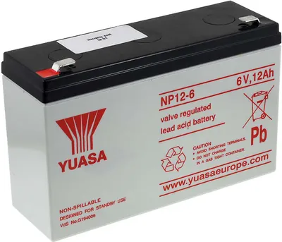 A white and black Yuasa NP12-6 valve regulated lead acid battery is shown in a studio setting against a white background.