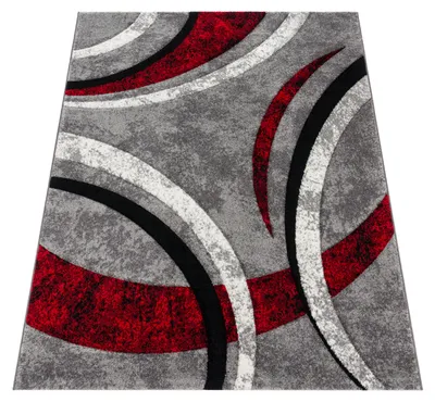 Produktbild von Designer Teppich mit Konturenschnitt Muster Gestreift Grau Schwarz Rot Meliert Grösse 80x300 cm