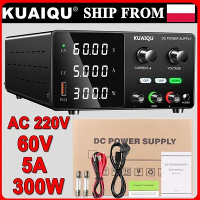 Obrázok produktu pre Napájací zdroj pre laboratórium – DC napájací zdroj 0–60 V, 0–5 A – Nastaviteľné napätie a prúd – Ochrana proti prepätiu/preťaženiu – USB konektor – Vhodný pre opravy elektronických zariadení a školské projekty