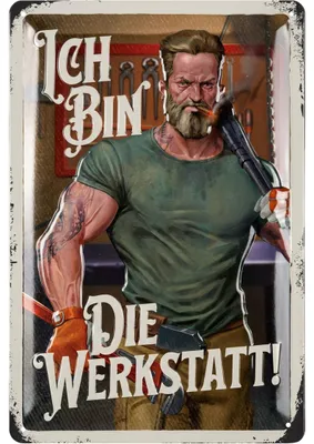 Produktbild von Retro Blechschild Ich bin die WERKSTATT! nostalgie Deko Werkstatt Papa, Vatertagsgeschenk Schild, Werkstattschild Regeln mit Spruch Mann