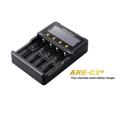 A black Fenix ARE-C2+ smart battery charger with four slots, shown from a diagonal angle on a white background. Text overlays the image.