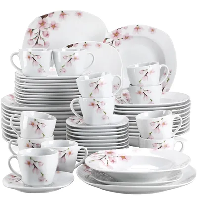 Produktbild von 60-teiliges Porzellan-Geschirr-Set, rosa Blumenmuster, mikrowellen- und spülmaschinenfest, /h3divulli60-TEILIG/li/ul/div
