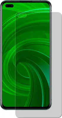 A screen protector is shown on top of a smartphone with a green abstract wallpaper.